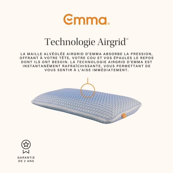 EMMA | Oreiller Emma Original Adapt Elite 40x70 cm | Mémoire de Forme Ergonomique | AirGrid® Ultra Respirant| Housse Lavable