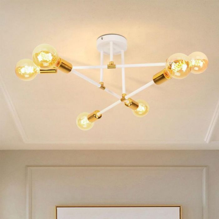 Lámpara de techo industrial WOTTES, 6 luces, araña vintage blanca y cobre, lámpara colgante industrial para cocina.