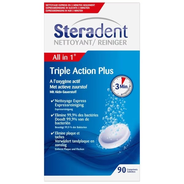 Čistiace tablety Steradent Triple Action Plus<br>Zdravotnícka pomôcka - 90 kusov
