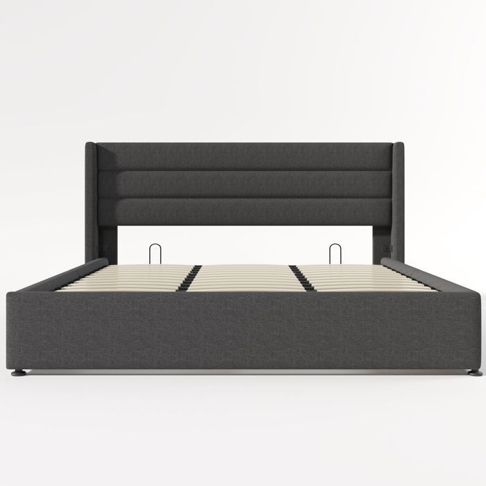 Lit Coffre Double Grand - MERAX - 180 x 200 cm - Tissu en lin gris - Lit Adult Rembourré 2 Places