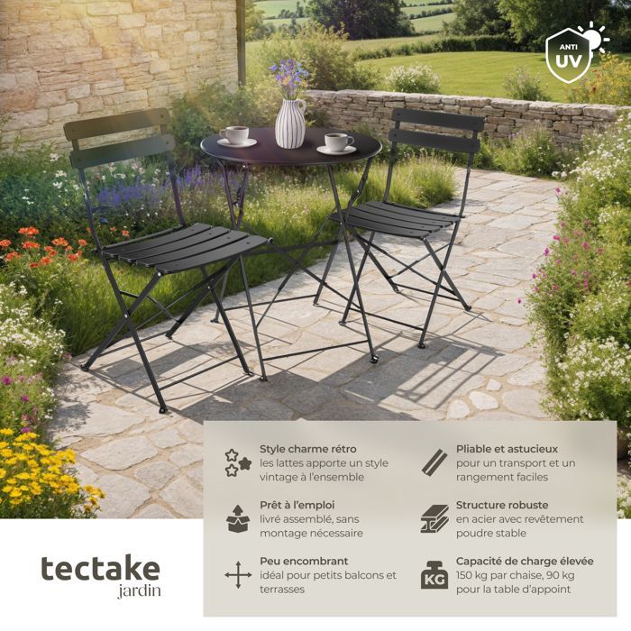 Ensemble table et chaise de jardin - TECTAKE - Lot de 2 chaises bistrot FRIEDA pliable pour 2 personnes - Noir