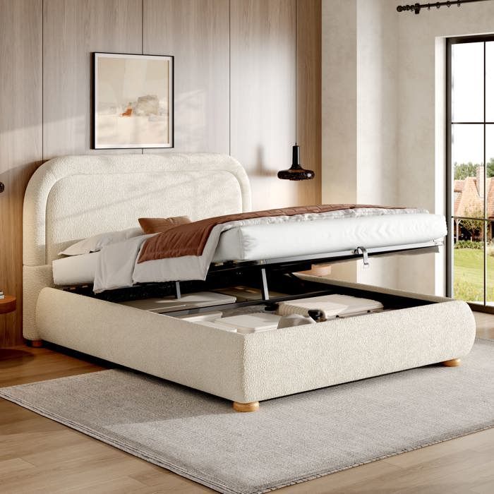 Cama tapizada con almacenamiento de 140x190 cm - MODERNLUXE - Almacenamiento bajo la cama - Cabecero tapizado - Base de láminas - Beige