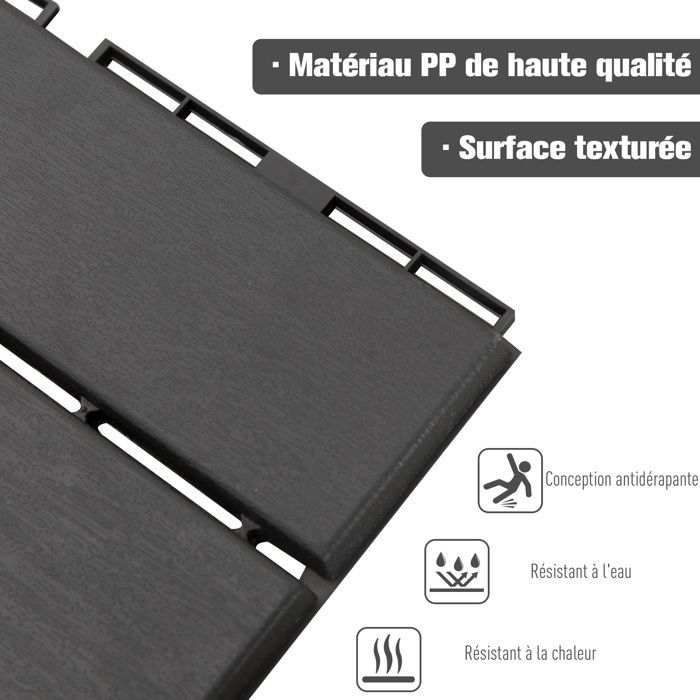 Baldosas para terraza Outsunny - juego de 9 baldosas de plástico negro con efecto madera, encajables - 30x30cm - negro