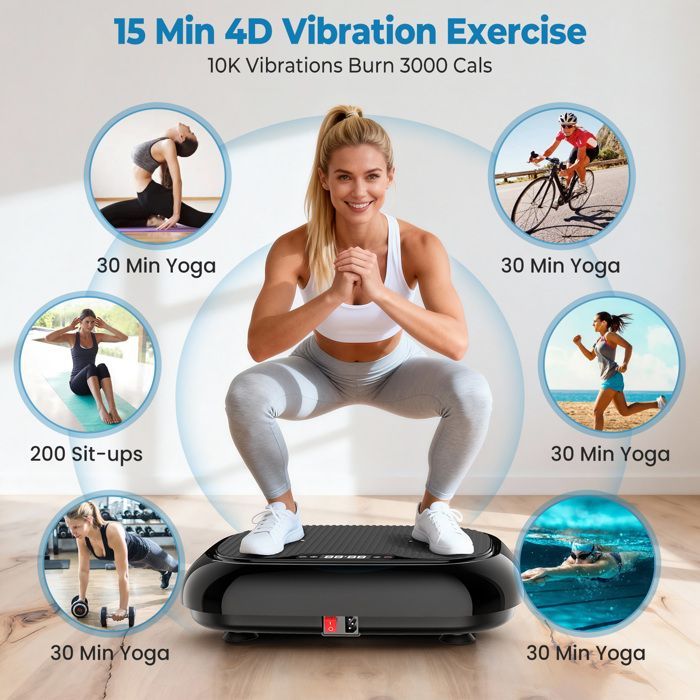 Plataforma vibratoria con 120 niveles de intensidad, 9 modos, capacidad de 150 kg, altavoz Bluetooth para un entrenamiento de cuerpo completo.