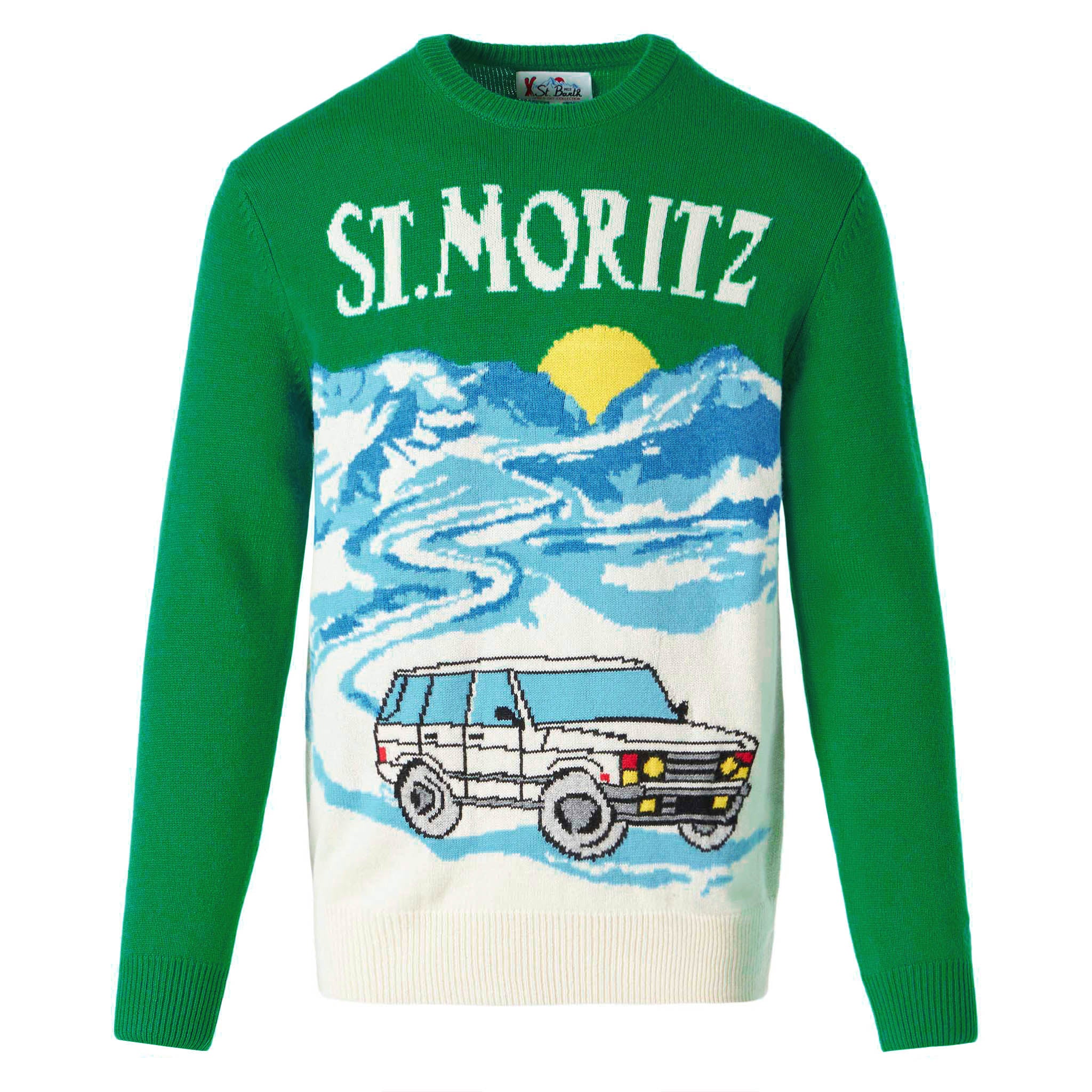 Groene herentrui met een ansichtkaartprint van St. Moritz