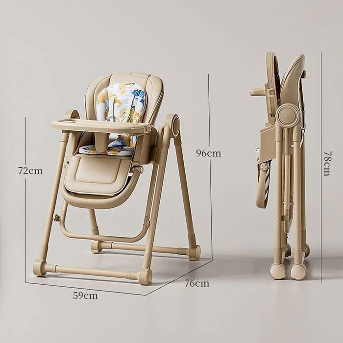 Baby and toddler high chair and swing - 0 to 72 months - with smooth-rolling swivel casters, foldable, reclining, baby high chair