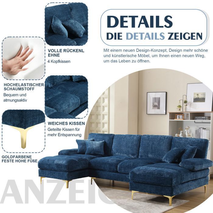 Moderne U-formet sofa, stor blå chenille, 272.00x136.00x88.00 cm