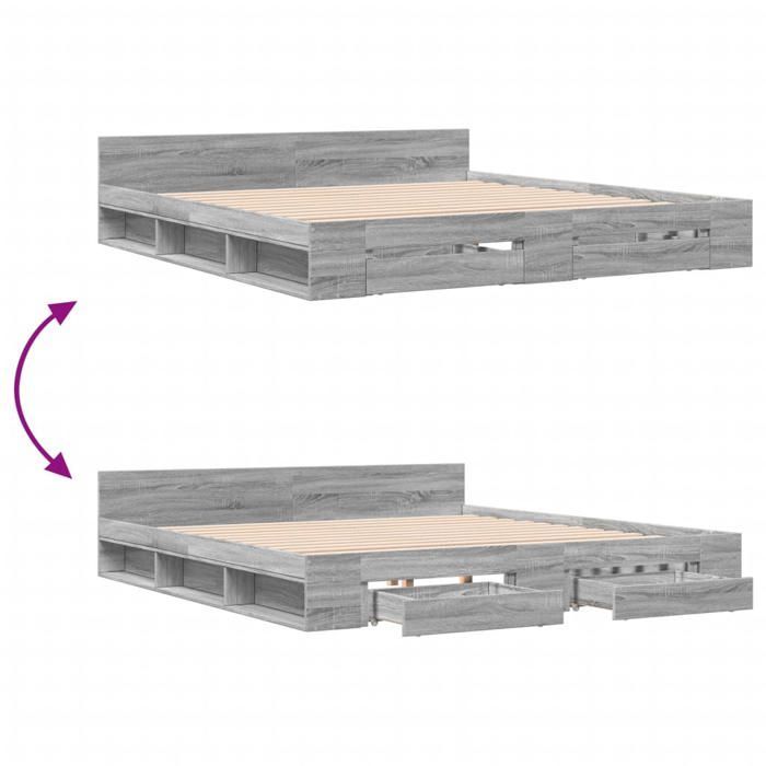 Cama de madera gris de 200 x 200 cm - Estable y duradera - Estructura con cajones - Colchón no incluido - Sonoma gris 200x200 cm