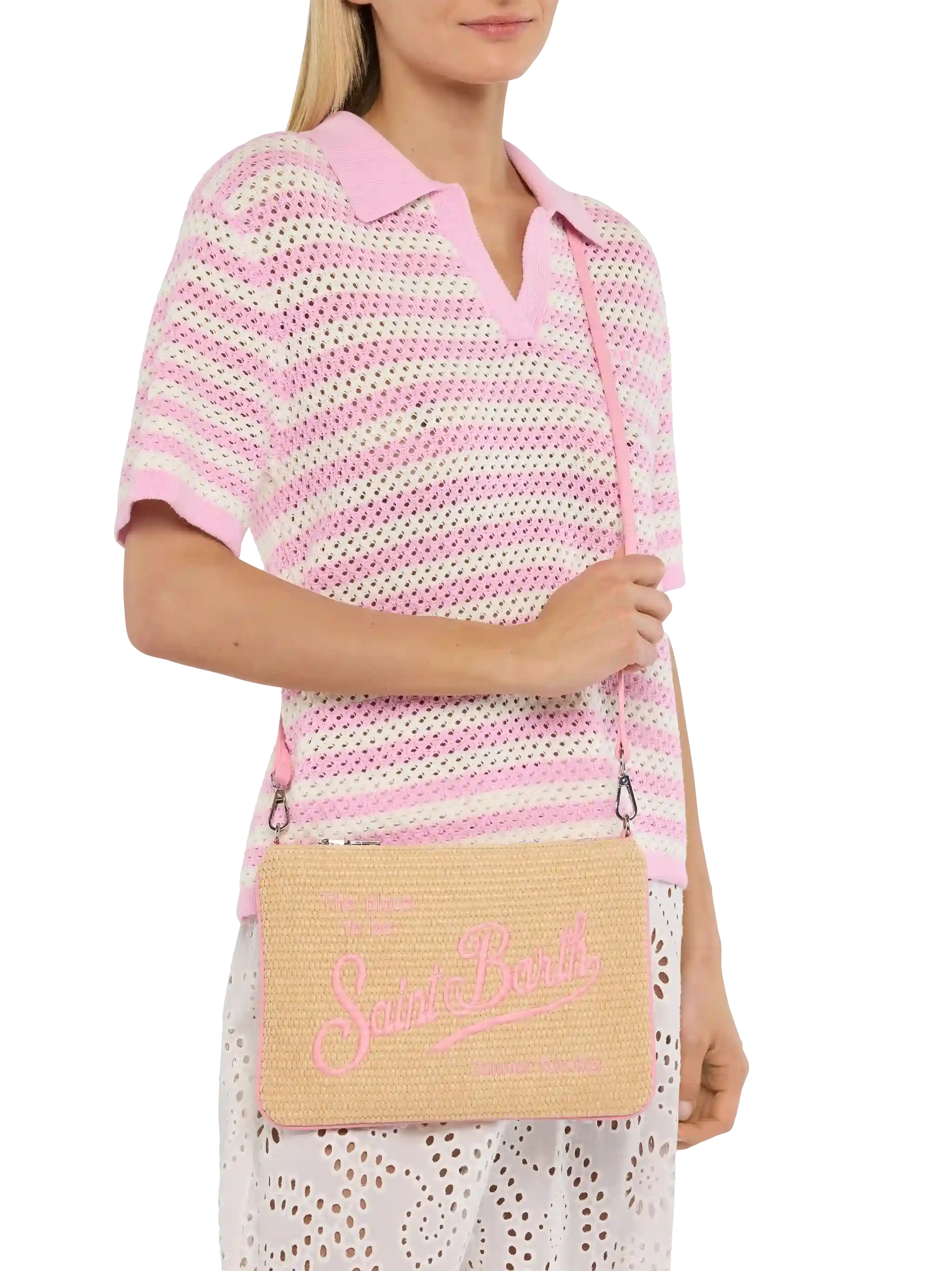 Clutch im Pariser Stroh-Look mit rosa Details