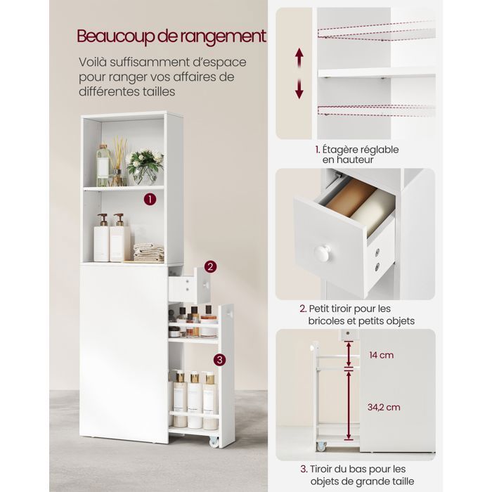 VASAGLE Hoge Badkamerkast, Slanke Opbergunit, Kolom met Laden en Verstelbare Plank, Kast, Dressoir, Wit