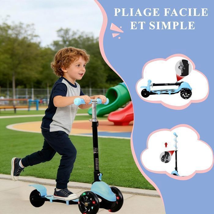 Monopattino pieghevole con 3 ruote illuminate a LED per bambini dai 2 ai 5 anni, manubrio regolabile in altezza su 3 posizioni, colore blu.