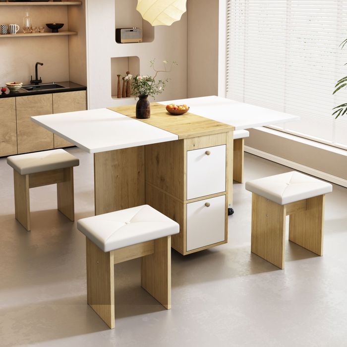 Set composto da tavolo da pranzo e 4 sedie – Bianco e rovere – Tavolo allungabile/pieghevole 120x80 cm – Design moderno – Multifunzionale