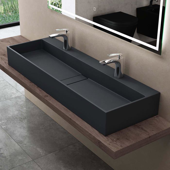 Lavabo de encimera Sogood, gris mate/negro, lavabo de baño mural, 120x40x14cm, lavabo con orificios para 2 grifos.