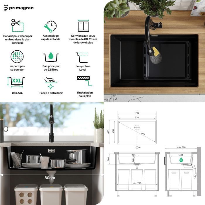 Evier Sous Plan 76x47cm, Evier en Granit 1 bac + Kit de Vidage + Accessoire Prague de Primagran Tout Noir