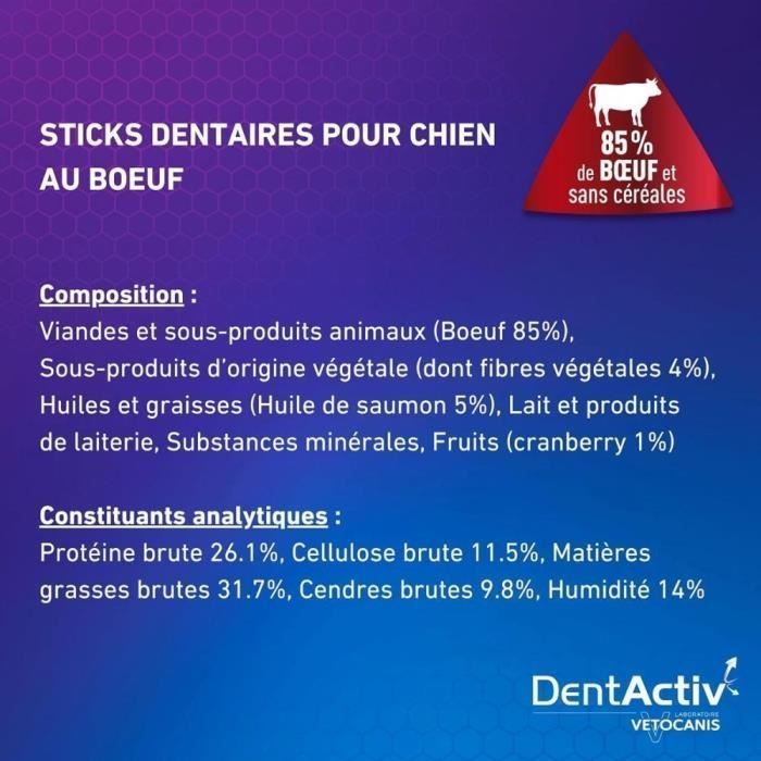 DentActiv - 12 Bâtonnets - VETOCANIS - 12 Mini Bâtonnets Hygiène Bucco-Dentaire au Bœuf pour Chien 2-15kg