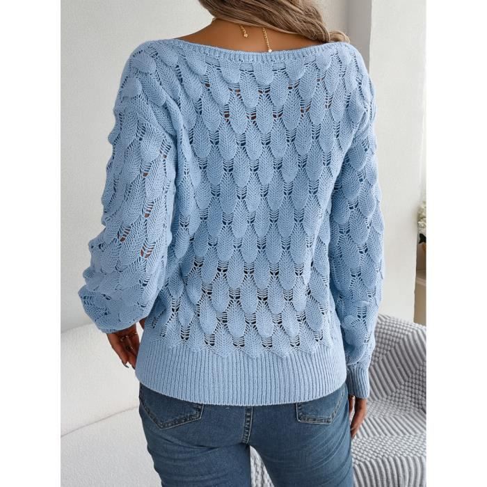 Pull En Tricot Femme Col Bateau Épaules Dénudées Casual Pullover Lâche Ajouré Manches Longues Couleur Unie - Bleu