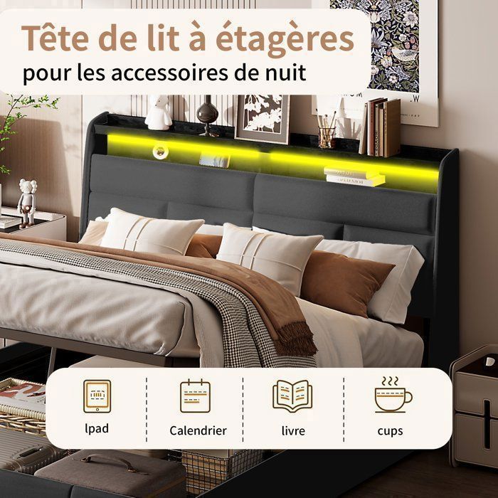 Set completo per camera da letto per adulti, base letto 160x200, letto matrimoniale, letto contenitore 160x200, letto a LED 160x200, testiera imbottita con illuminazione a LED, similpelle PU, nero