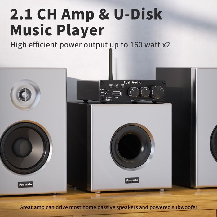 Amplificador de audio HiFi - RNCYN - BL20C - 32V - Reproductor de U-Disk - Receptor 2.1 - Clase D - Negro - Metal