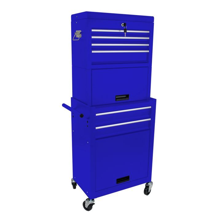 Servante d'atelier 2 en 1 -Caisse a outil -Chariot à roulettes -6 Tiroirs verrouillables rangement -Bleu-53 x 33 x 133 cm