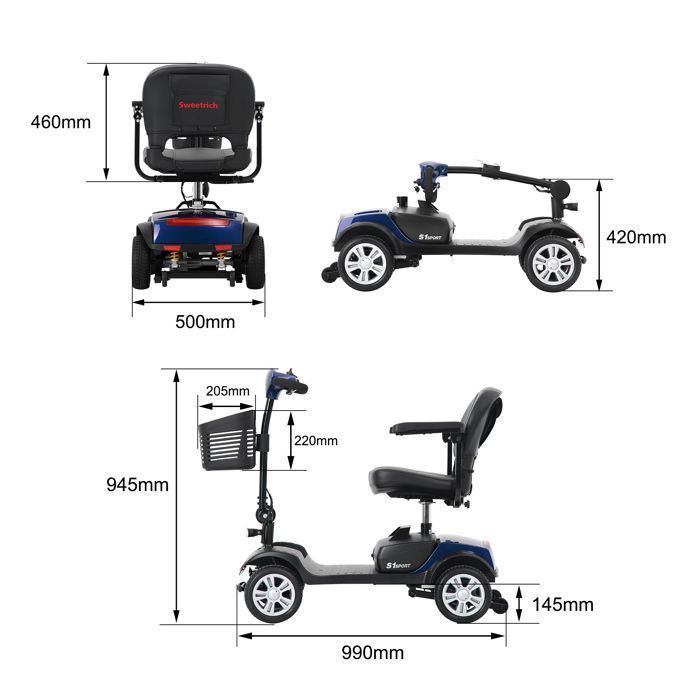 S1 SPORT Scooter électrique 4 roues 300W Siège pivotant 360° 25km Batterie Plomb 12AH Mobilité pour réduite et seniors -Bleu