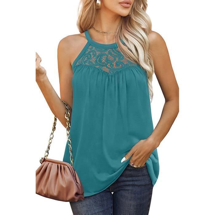 Camiseta informal de verano sin mangas con encaje y cuello redondo para mujer de INSFITY - Color liso - Azul