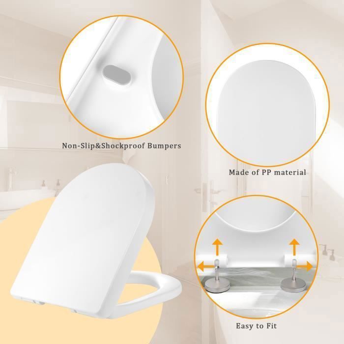 Soft-close toilet seat, U-shaped toilet bowl with stainless steel hinges, slow-close toilet seat, quick installation.
