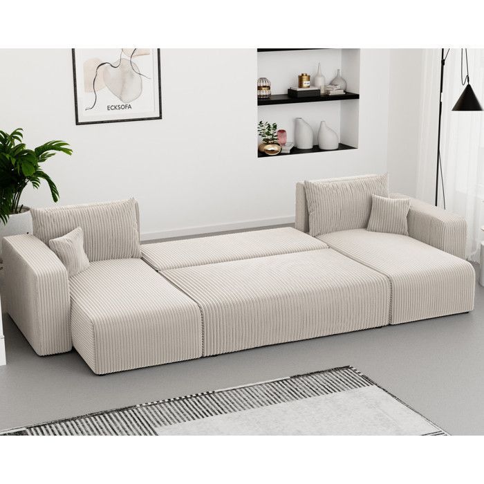 Canapé d'angle Panoramique PIANO U - 7 places - Canape Convertible avec Coffre - Tissu Velours Cotelé - Crème