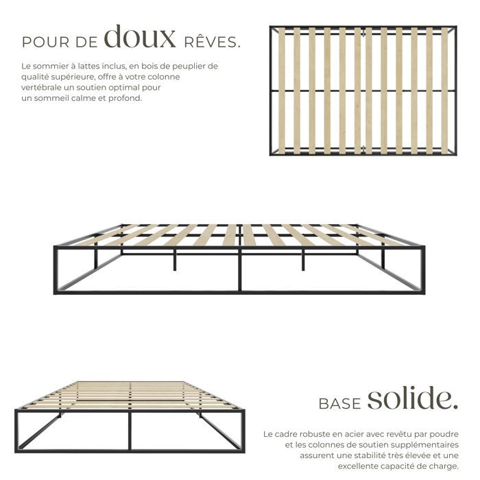 Lit - TECTAKE -  Cadre de lit en acier KYOTO avec sommier à lattes en bois de peuplier - 200 x 140 x 25,5 cm