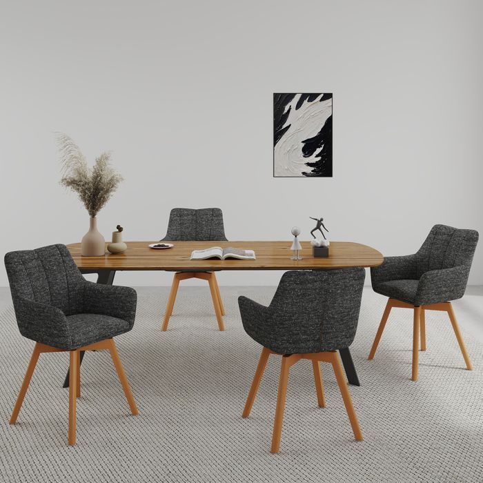 WAFTING Lot de 4 chaises pivotantes 360°,accoudoirs et pieds bois, dossier haut avec coussin en molleton. Gris Foncé.