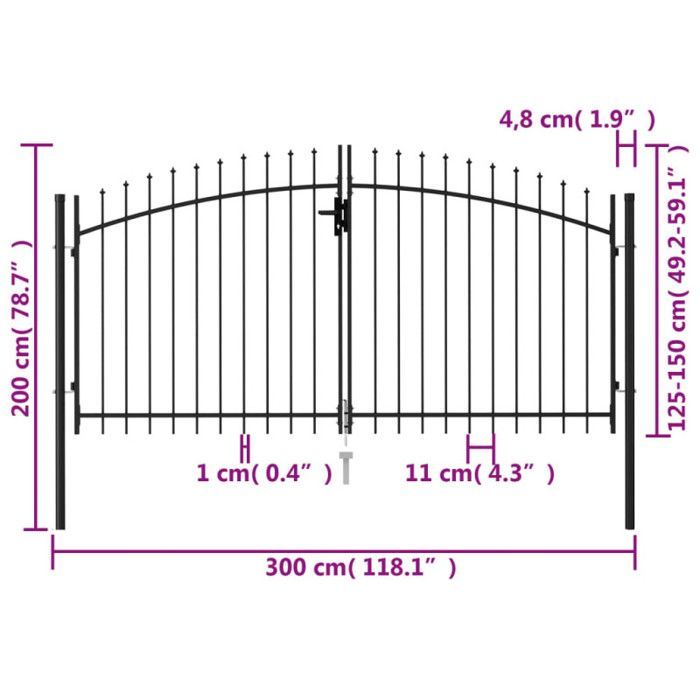 vidaXL Portillon double porte avec dessus à pointe Acier 3x1,5 m Noir