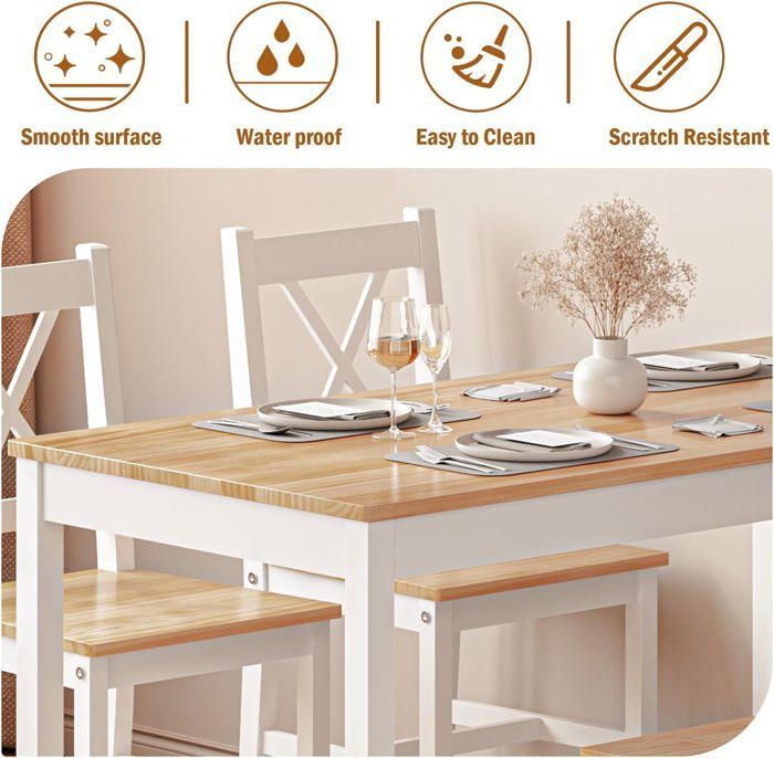 SogesHome Ensemble de Table de Salle à Manger avec 4 Chaises en Bois MDF Design Simple pour la Salle à Manger,Teck Blanc