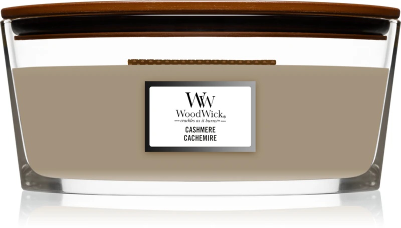Dišeča sveča Woodwick Cashmere z lesenim stenjem (hearthwick)