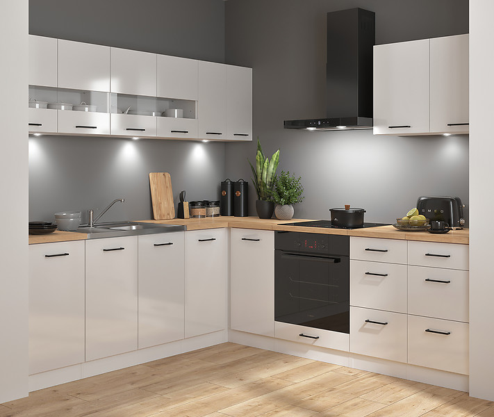 Komplet kuchenny narożny Junona Line 220x220 kredowy połysk bez blatu