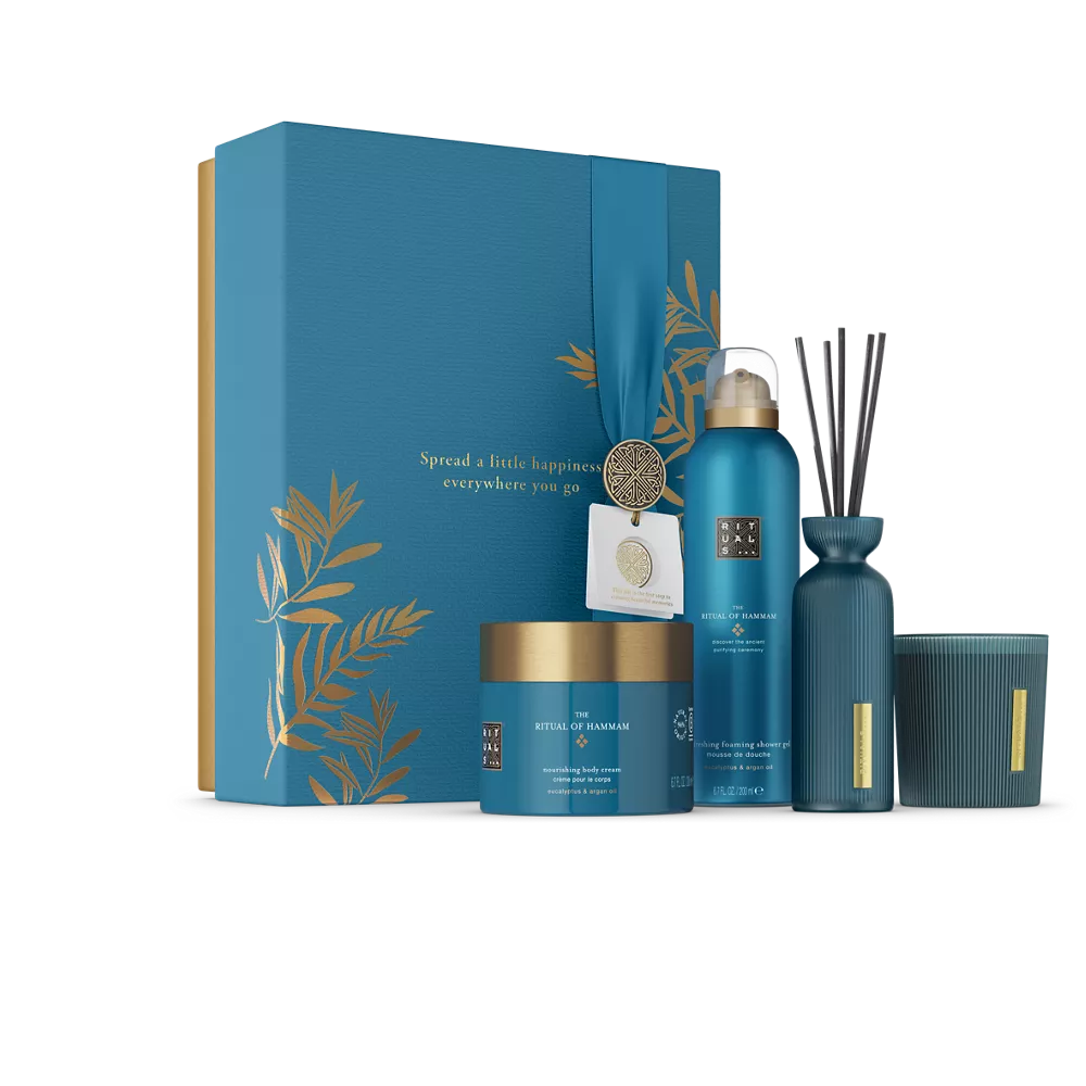 Coffret cadeau Le Rituel du Hammam : gel douche moussant 200 ml, crème pour le corps 200 ml, bougie parfumée 140 g, mini bâtonnets parfumés 70 ml
