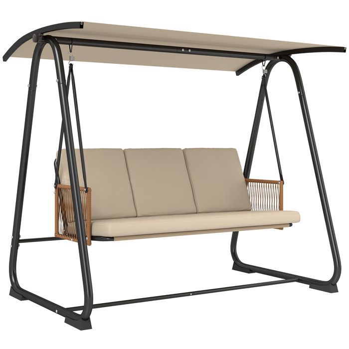 Altalena da giardino - Outsunny - 3 posti con tetto regolabile, robusta struttura in acciaio (portata 360 kg), cuscino 7 cm - 203x121x165 cm - sabbia
