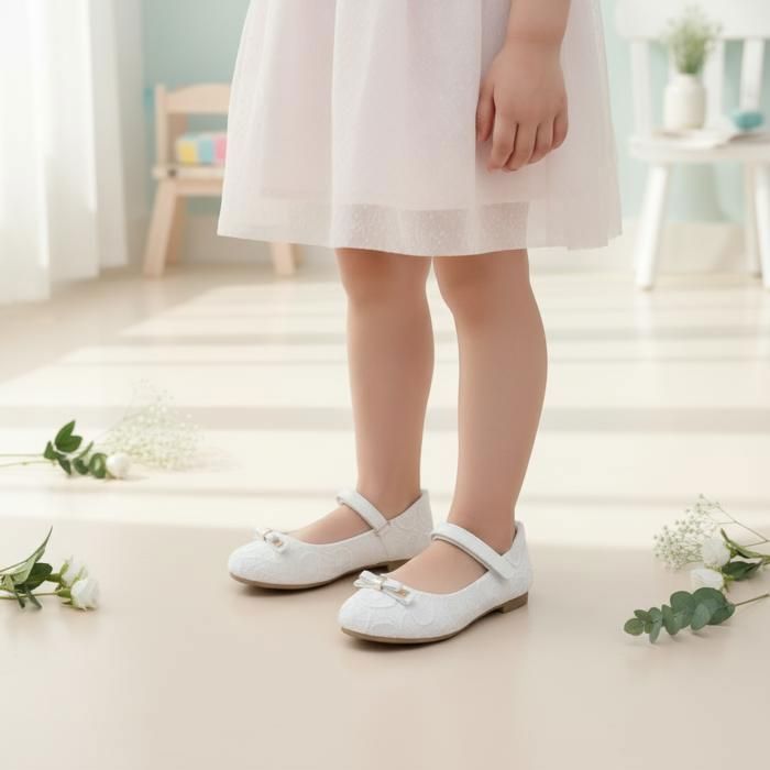 Scarpe - Bambini - Ragazze - Ballerine - Eleganti - In pelle - Avorio - Con lacci - Con fiocco - Taglie dalla 26 alla 31