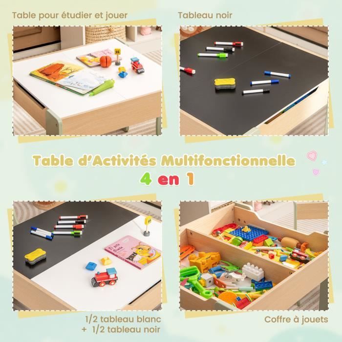 COSTWAY 3-in-1 kindertafel met 2 stoelen, dubbelzijdige tafel (zwart-wit) met opbergruimte, groen hout