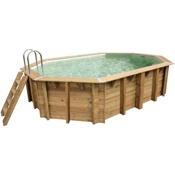 Kit de piscina de madeira UBBINK Maldives para instalação acima do solo - 490 x 300 x 120 cm - Oval (Filtro de areia, escada interna, escada externa)