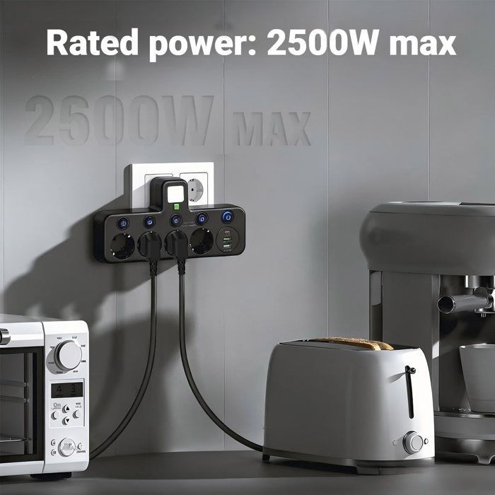 5-in-1 stekkerdoos, 2500W / 10A, met 4 Franse stopcontacten, 2 USB-A-poorten en 1 Type-C-poort, zwart