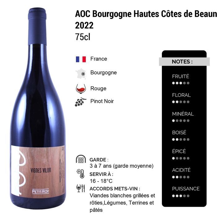 Domaine Petit Roy Bourgogne Hautes Côtes de Beaune Vigne Vilon 2022 - Rode Bourgognewijn (3x75cl).
