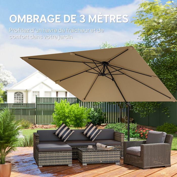 Parasol déporté - Outsunny - rotation 360°, inclinable 5 positions, base en croix - mât en aluminium - polyester - 3 x 3 m - kaki