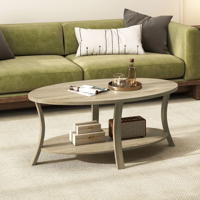 Mesa de centro ovalada COSTWAY con 2 niveles, mesa de centro de madera de caucho, estante de almacenamiento, mesa de centro para sala de estar, capacidad de carga 160 kg, natural
