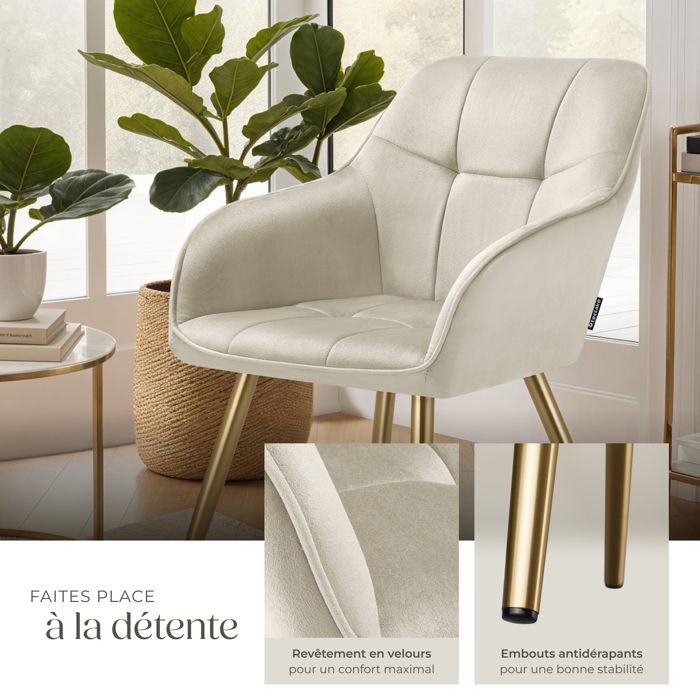 Chaises - TECTAKE - Lot de 4 fauteuils de salle à manger MARYLIN aspect velours avec pieds en acier doré - Crème/Or