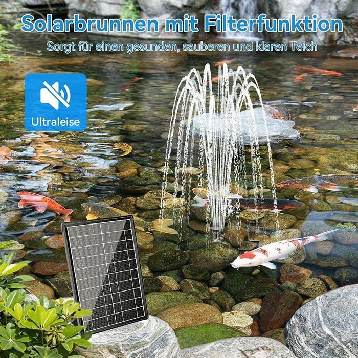 Fontaine solaire avec filtre de bassin - Fontaine solaire 8 W et batterie de secours de 3000 mAh - 8 modes de