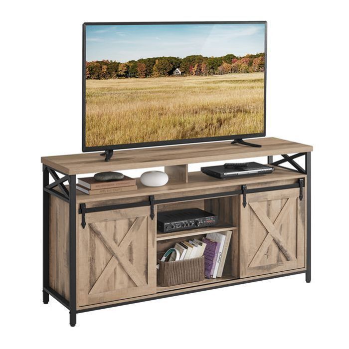 Meuble TV pour Téléviseur Jusqu’à 65 Pouces, avec Étagères Réglables, Portes Imitation Grange, Cadre en Métal, Marron Camel et Noir