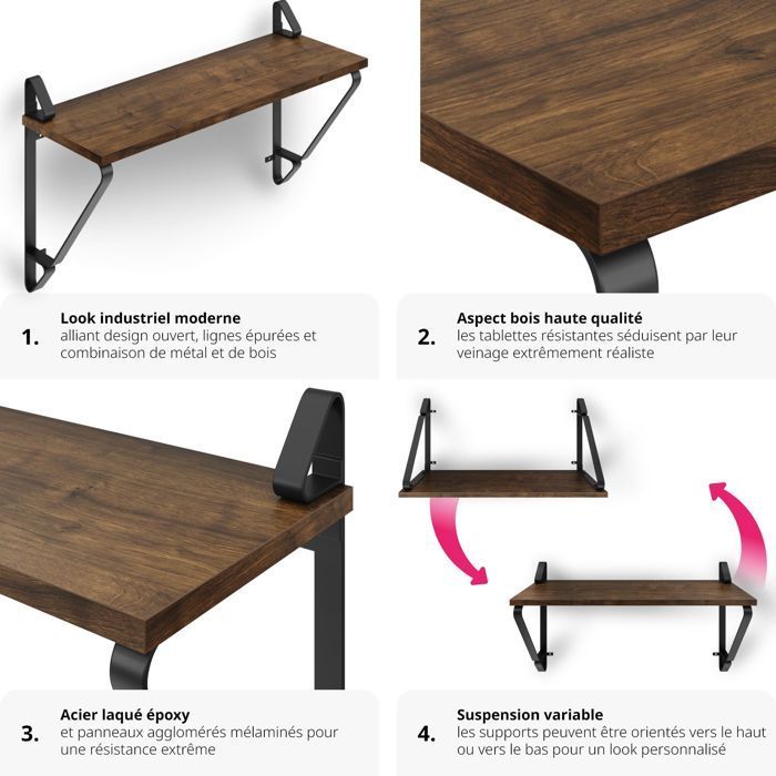 Estantería de pared - TECTAKE - Juego de 2 estantes colgantes IRVINE de aglomerado - Madera oscura