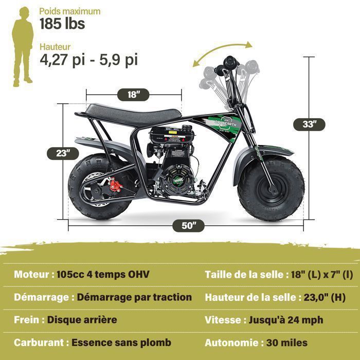 Mini Moto ORYXEARTH 105CC en vert et noir pour Adolescents Dès 13 Ans - Moteur 4 Temps - Carburant Essence