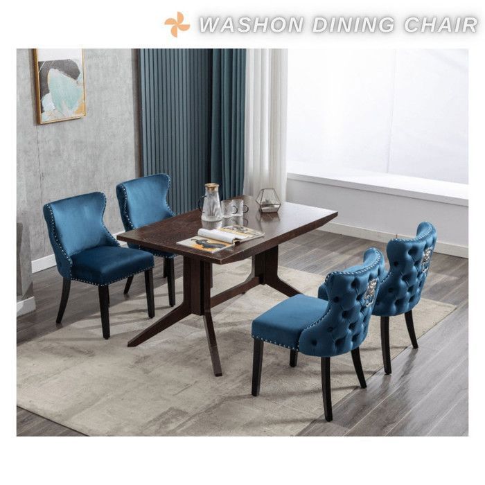 Wahson Eetkamerstoelenset van 4, Keukenstoelen met houten poten voor restaurants, Fluweel, Blauw