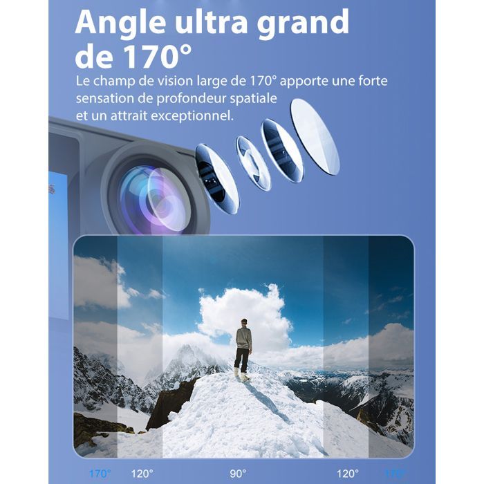 Caméra Sport 5K 30FPS 64Go, étanche 40M avec WiFi,écran Double, 2 Batteries, Accessoires Inclus, pour Les Aventures en Plein air