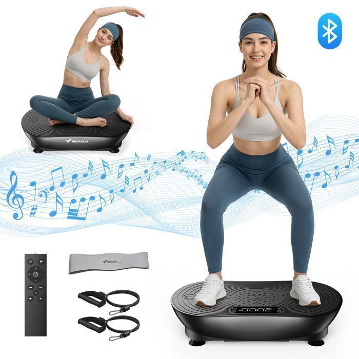 MERACH PRO Vibrationsplade med fjernbetjening - 99 niveauer - Indbyggede højttalere/Bluetooth - Manuel/automatisk tilstand - Sort